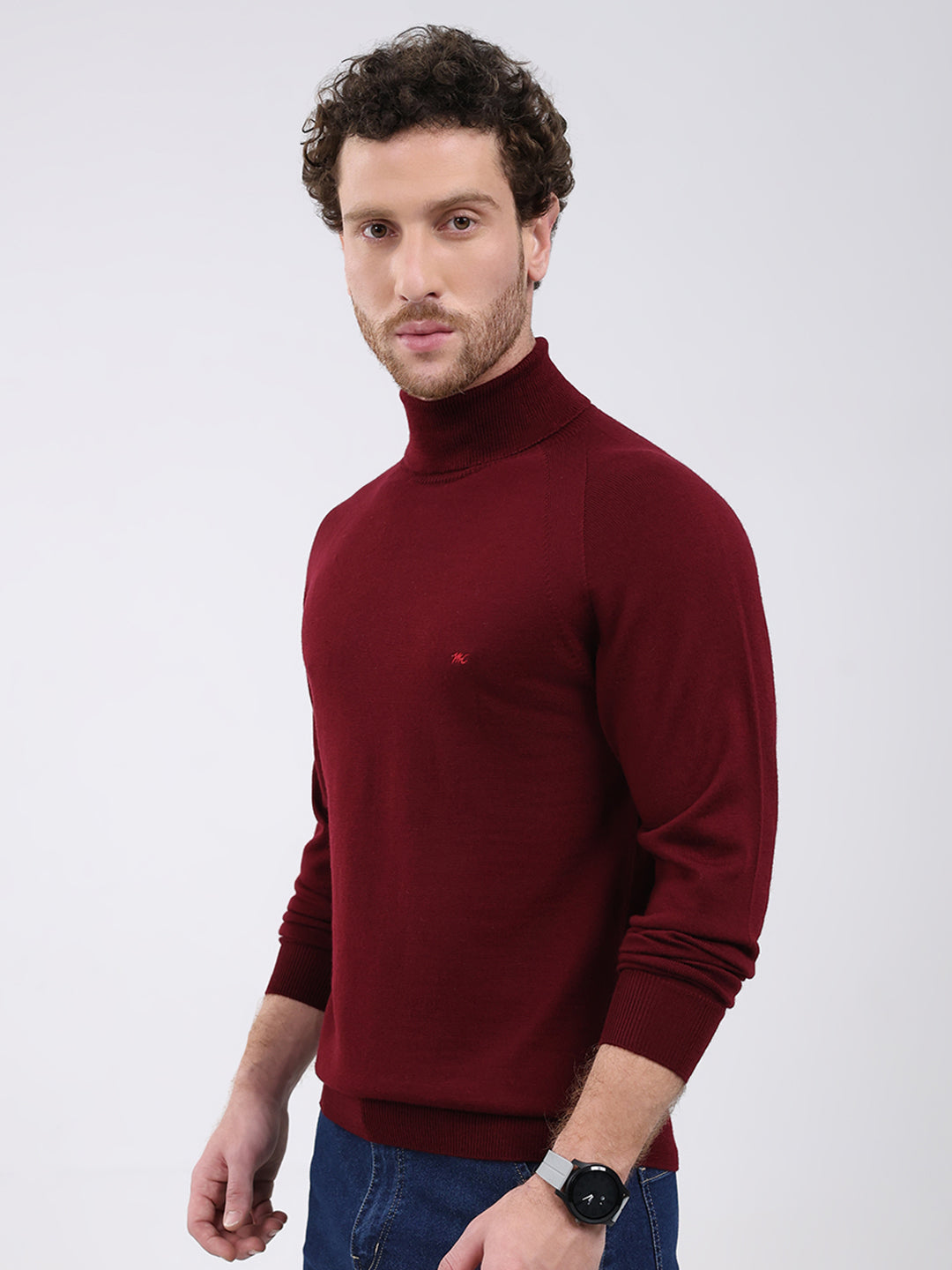 Men Maroon Solid Turtle Neck Full Sleeve Pullover