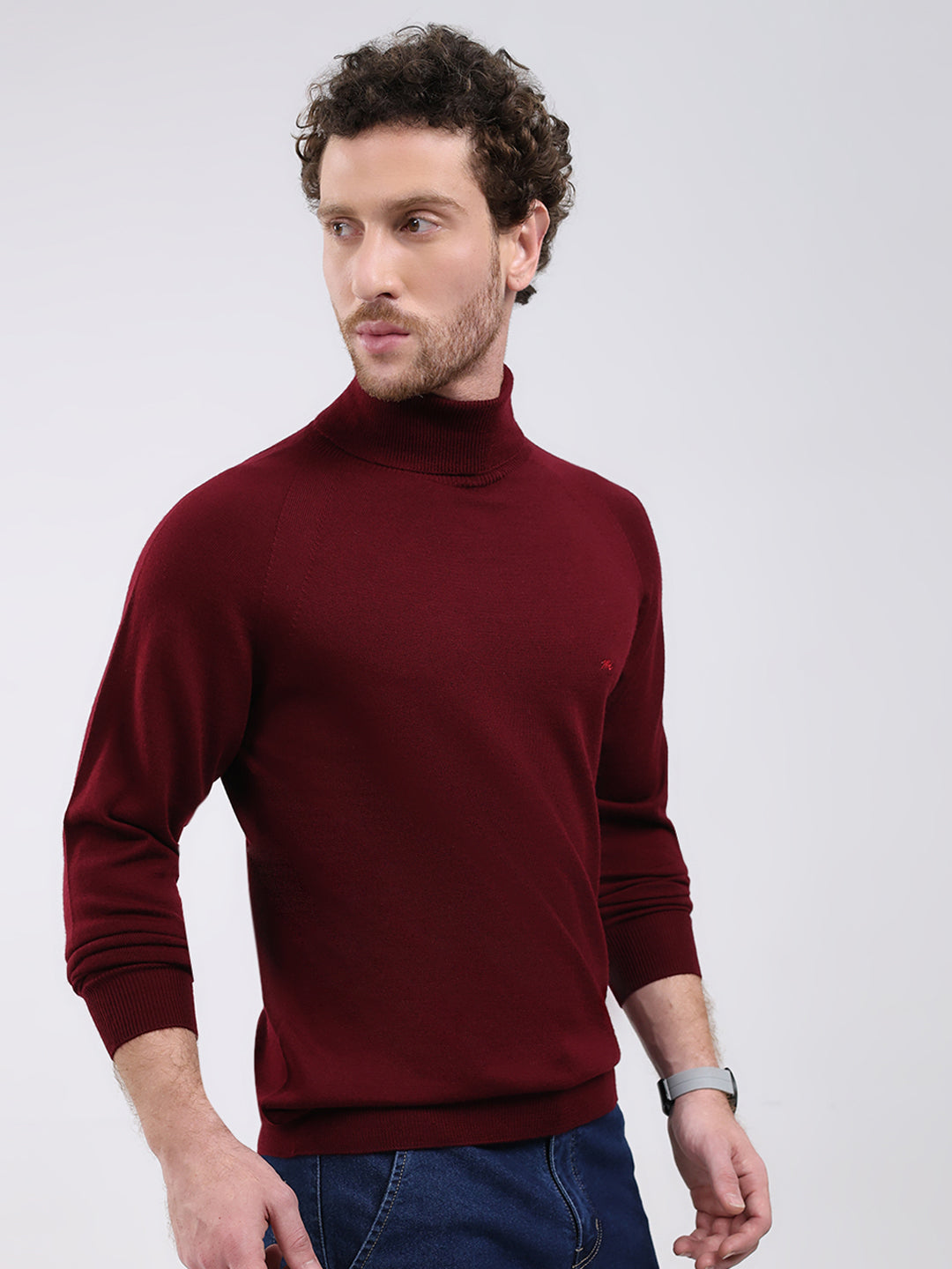 Men Maroon Solid Turtle Neck Full Sleeve Pullover