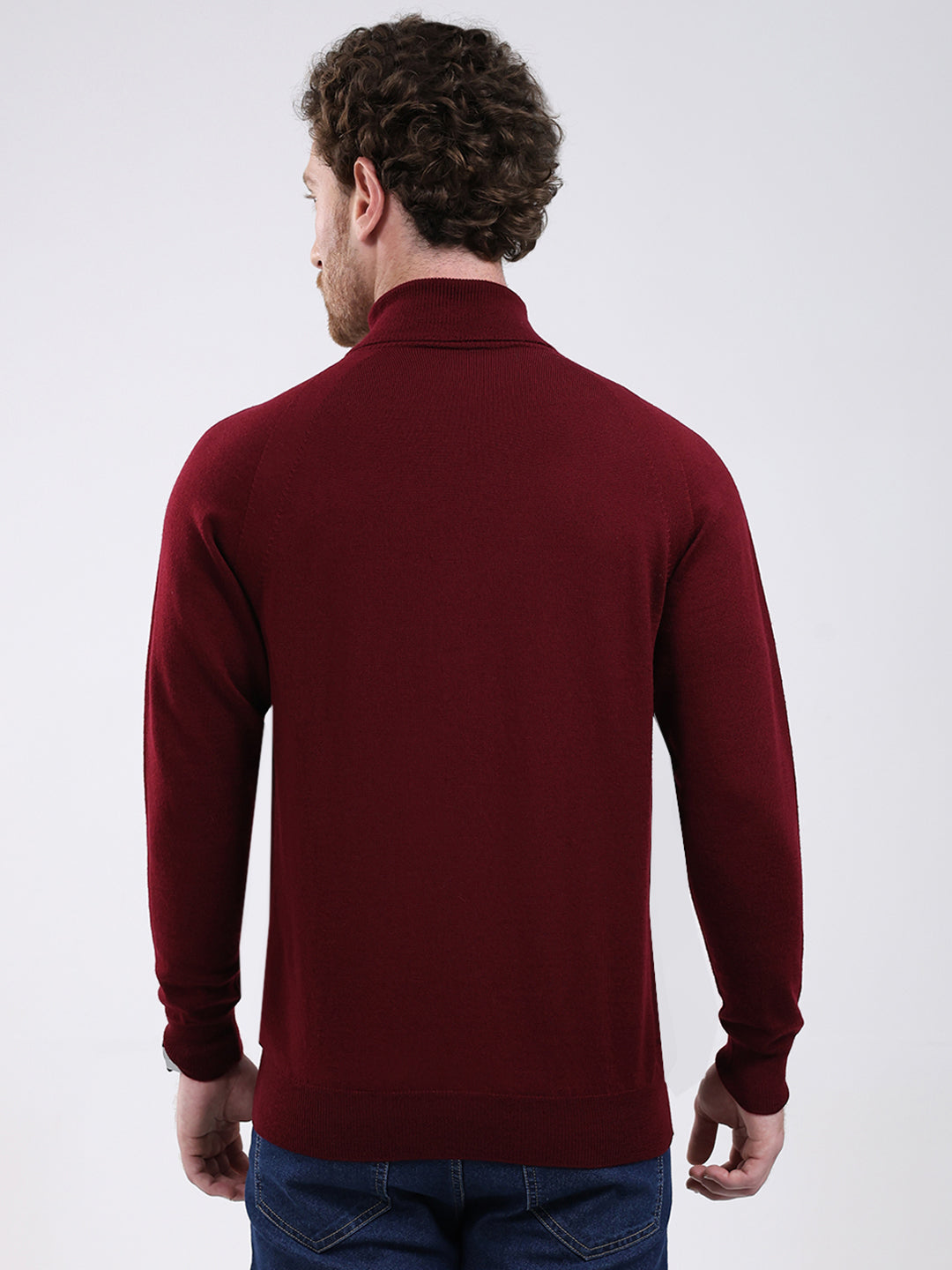 Men Maroon Solid Turtle Neck Full Sleeve Pullover
