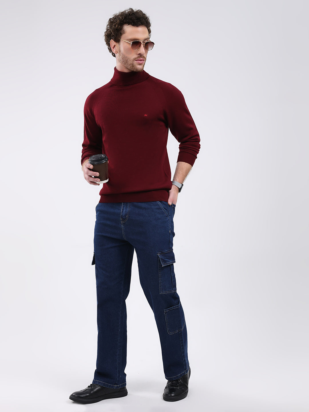 Men Maroon Solid Turtle Neck Full Sleeve Pullover