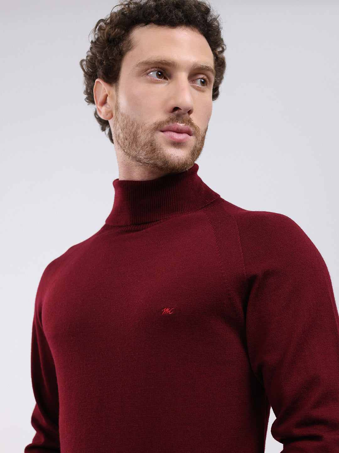 Men Maroon Solid Turtle Neck Full Sleeve Pullover