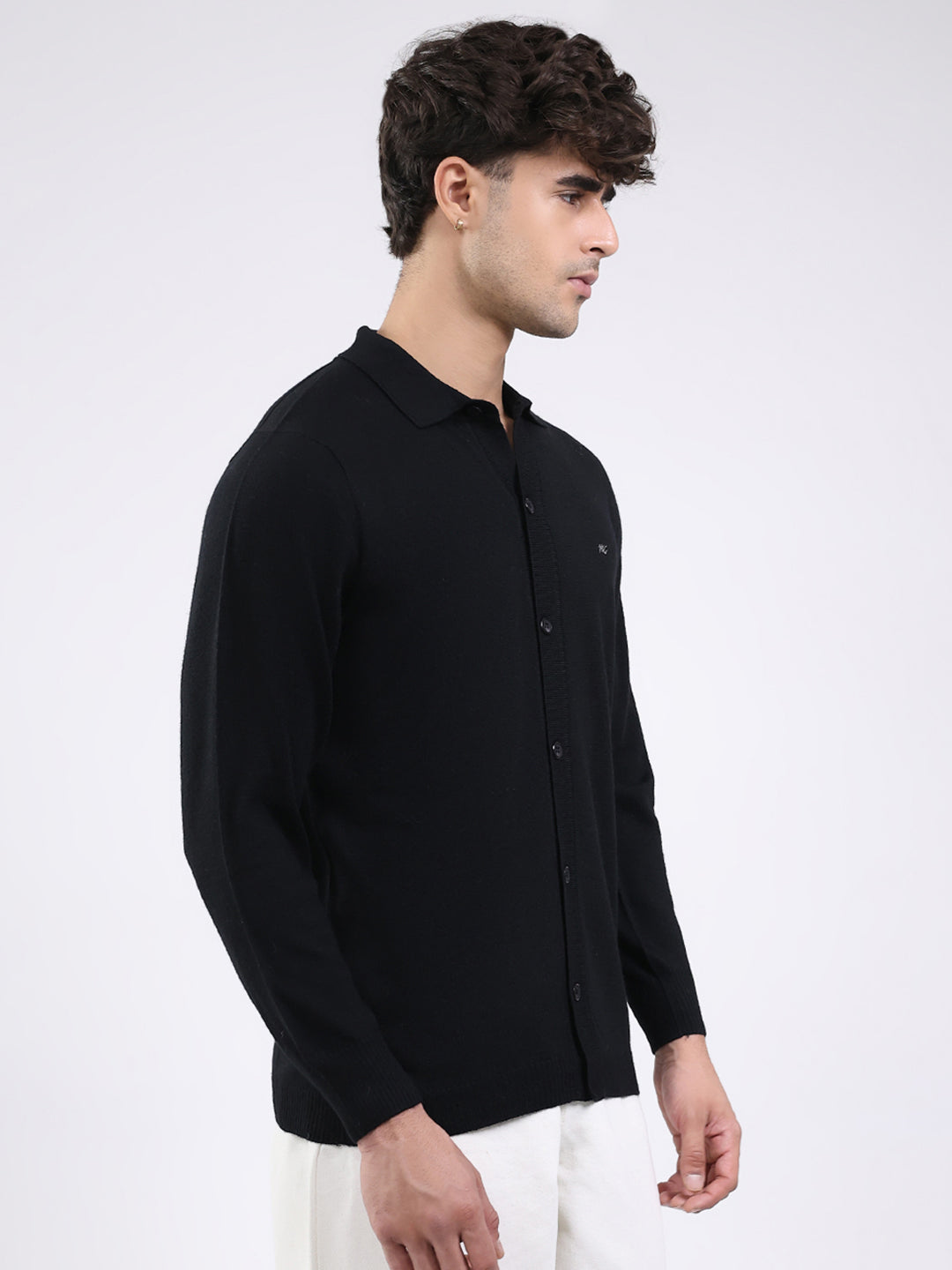 Men Black Solid Collar Full Sleeve Shirt