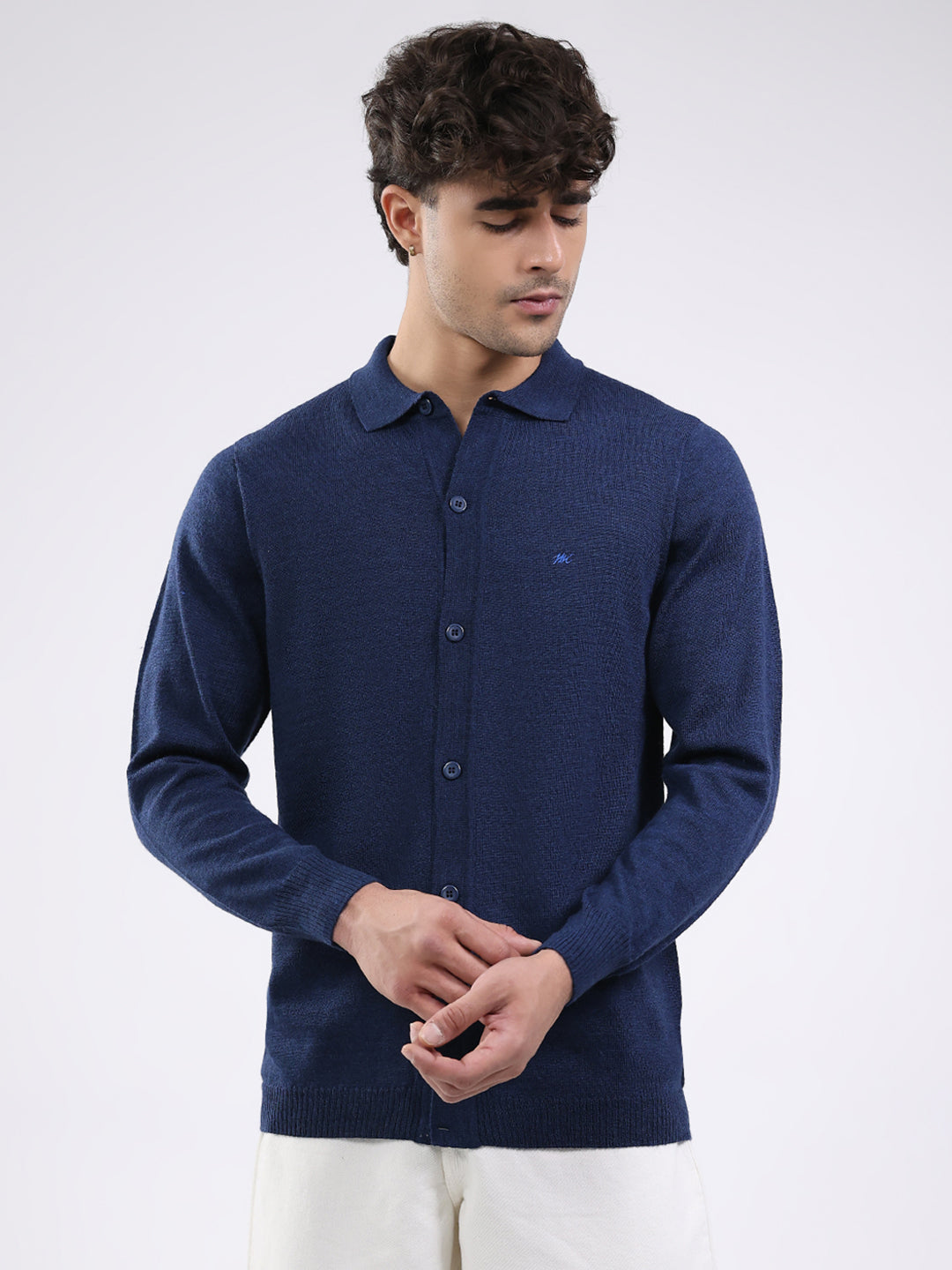 Men Navy Blue Solid Collar Full Sleeve Shirt