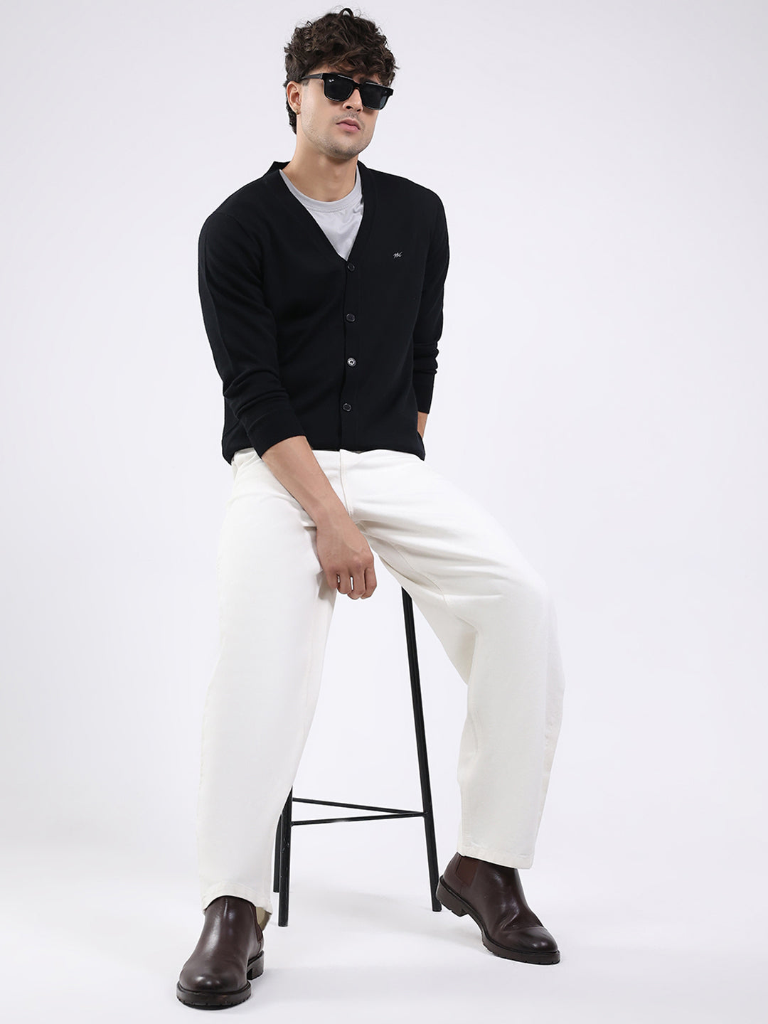 Men Black Solid V Neck Full Sleeve Cardigan