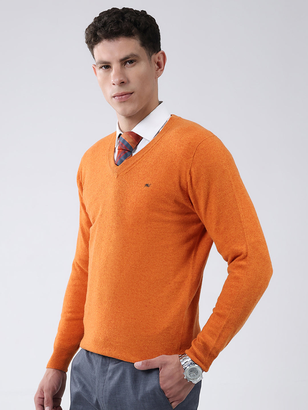 Men Orange Solid V Neck Full Sleeve Pullover
