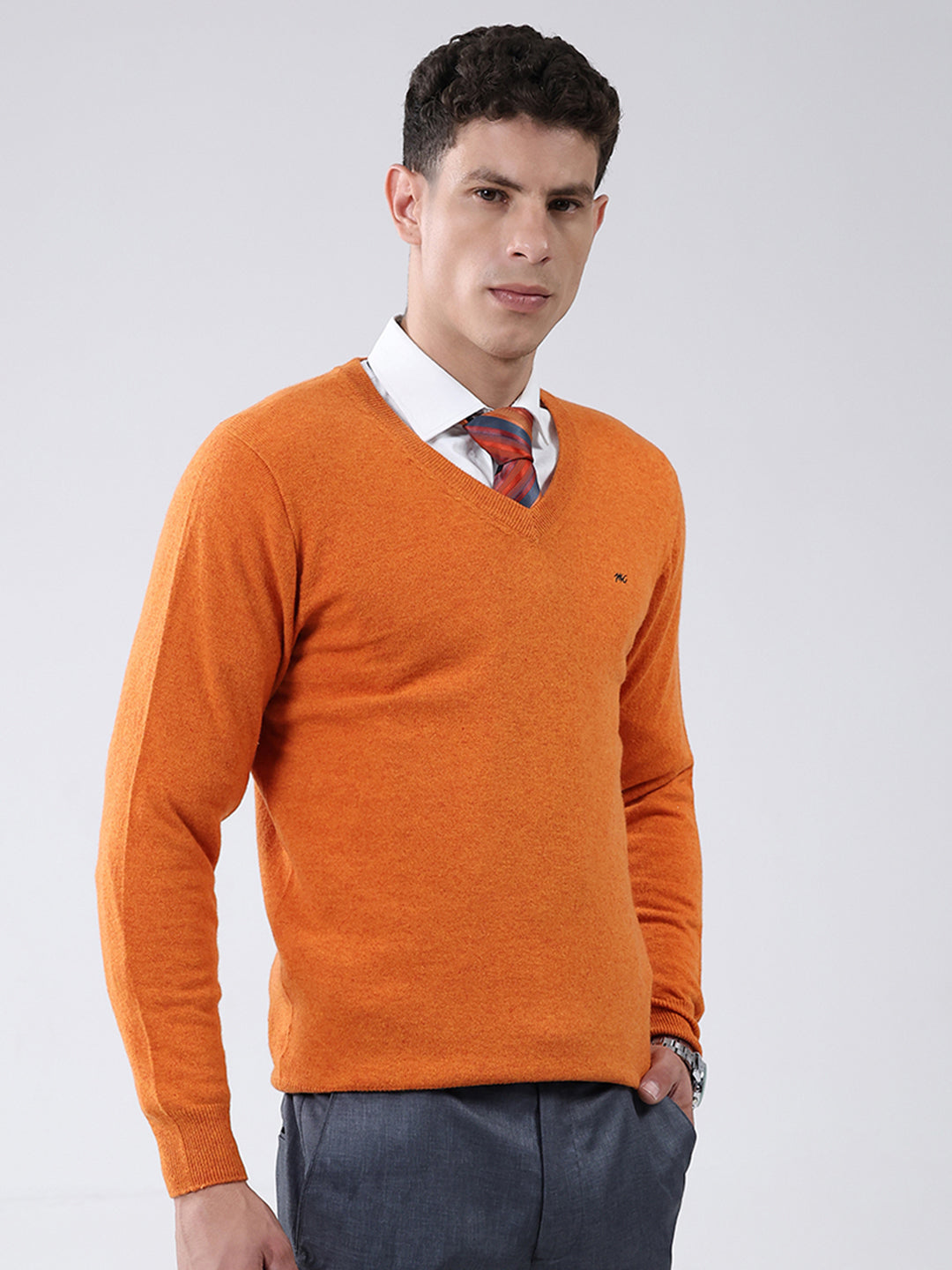 Men Orange Solid V Neck Full Sleeve Pullover