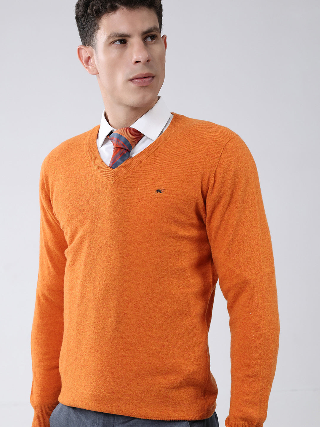 Men Orange Solid V Neck Full Sleeve Pullover