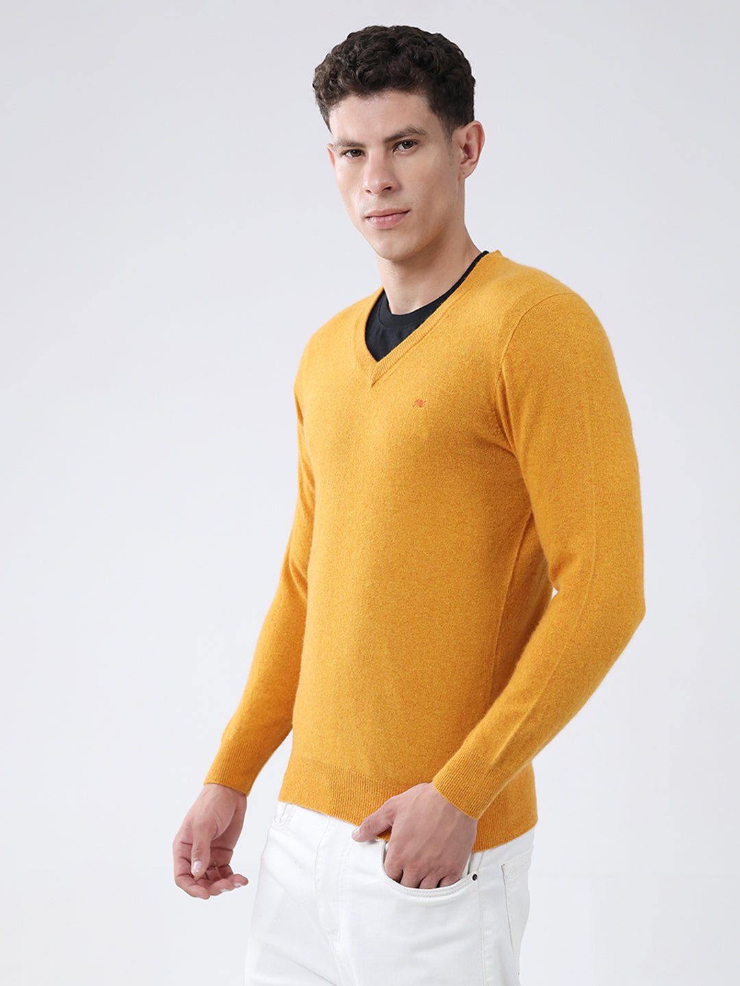 Men Yellow Solid V Neck Full Sleeve Pullover