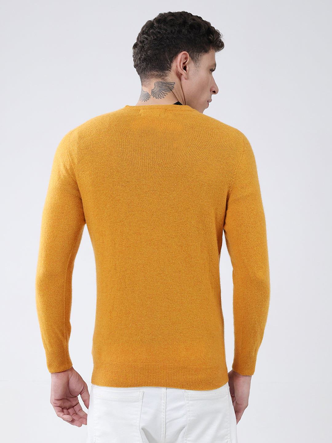Men Yellow Solid V Neck Full Sleeve Pullover