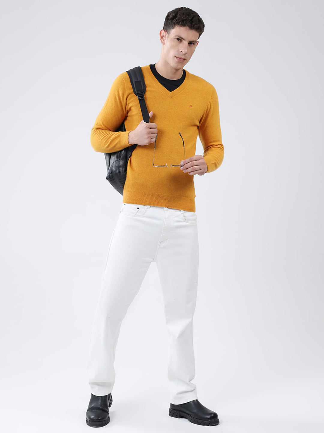 Men Yellow Solid V Neck Full Sleeve Pullover