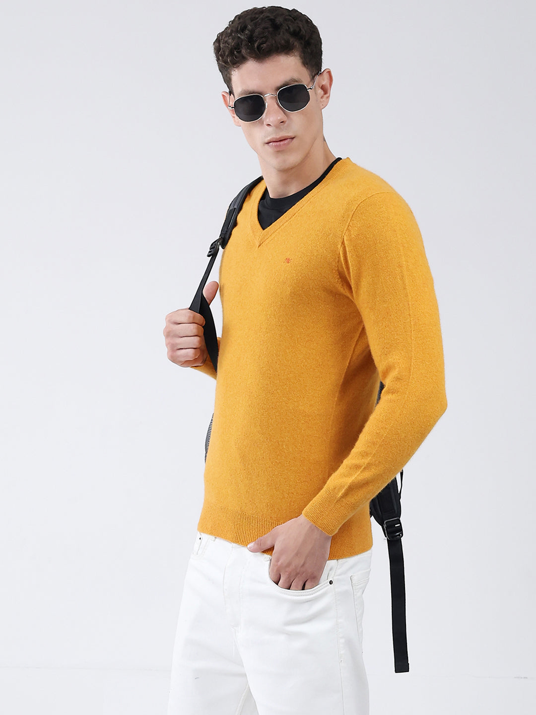 Men Yellow Solid V Neck Full Sleeve Pullover