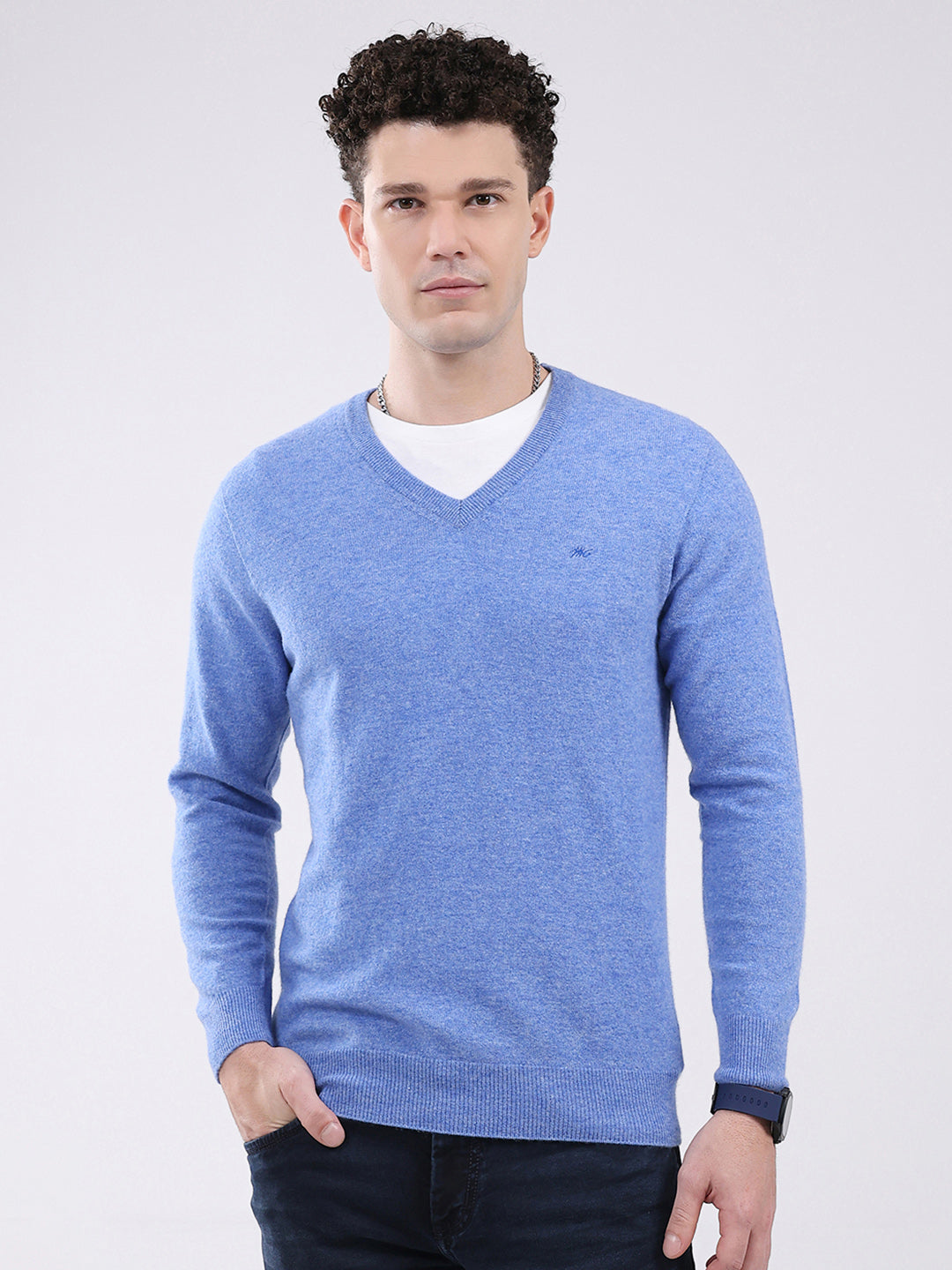 Men Blue Solid V Neck Full Sleeve Pullover