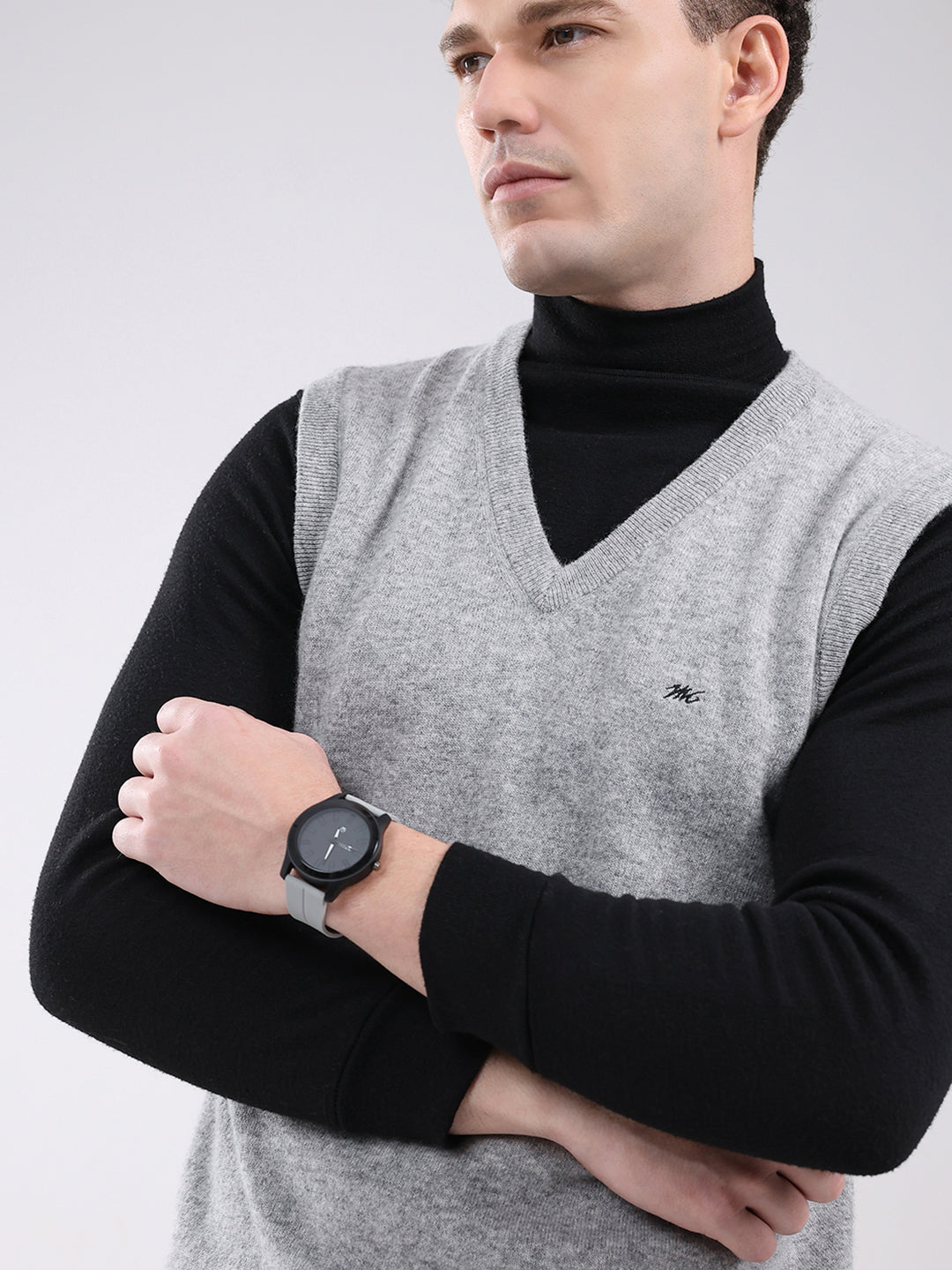 Men Grey Solid V Neck Sleeveless Sweater