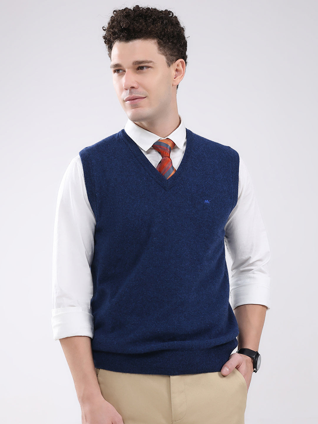 Men Blue Solid V Neck Sleeveless Sweater