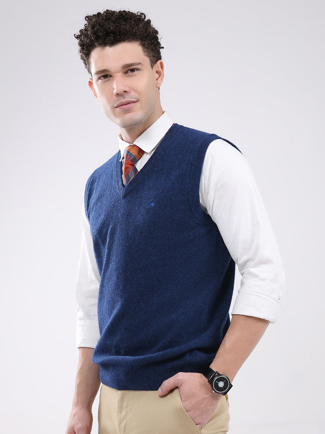 Men Blue Solid V Neck Sleeveless Sweater