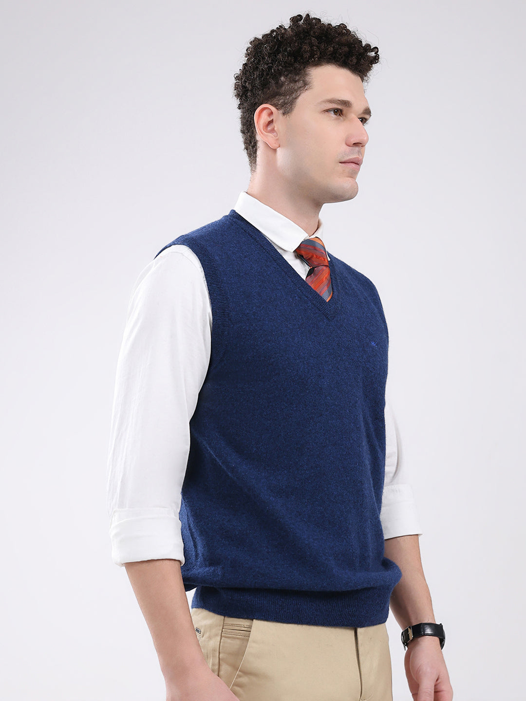 Men Blue Solid V Neck Sleeveless Sweater