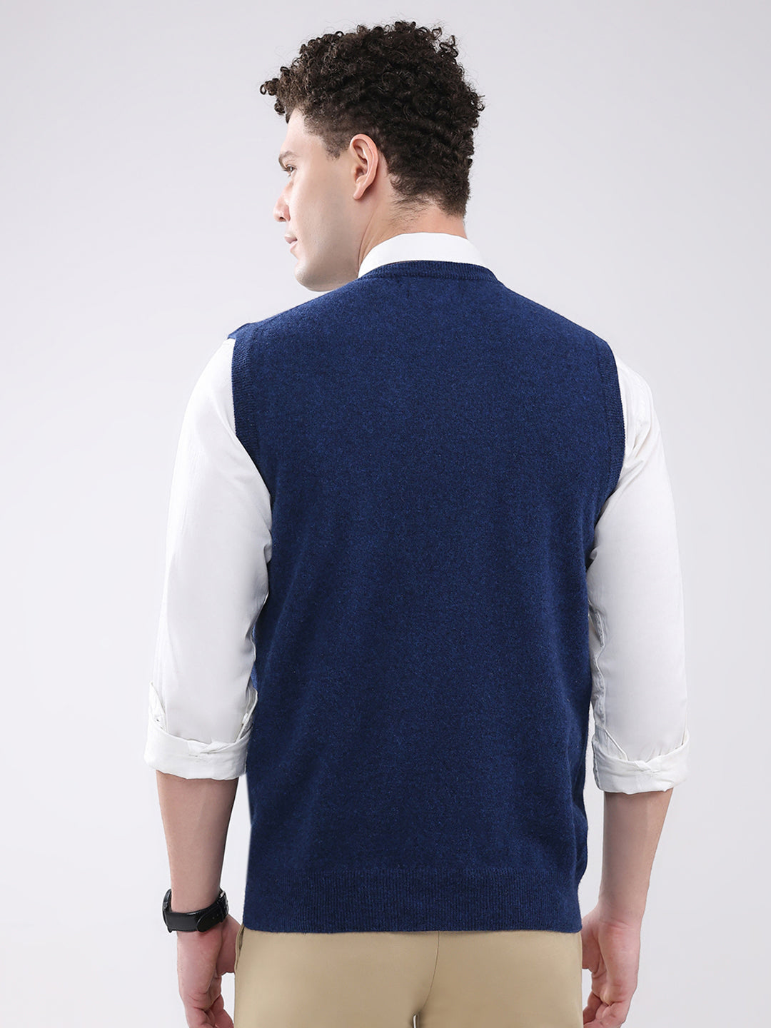 Men Blue Solid V Neck Sleeveless Sweater