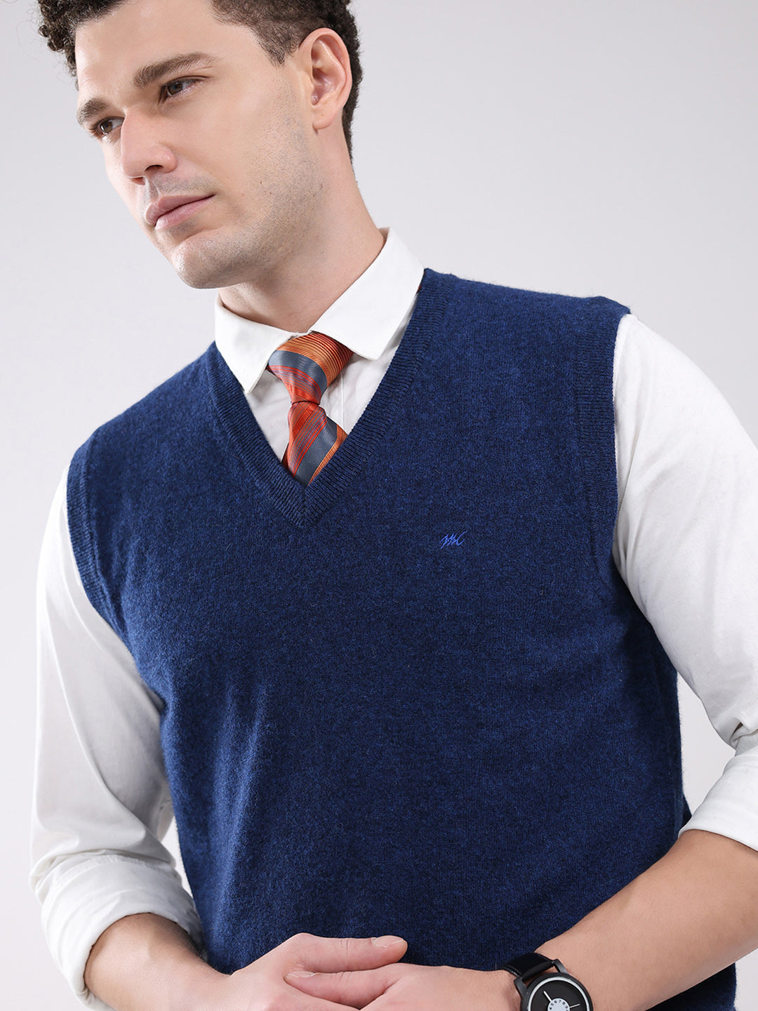 Men Blue Solid V Neck Sleeveless Sweater