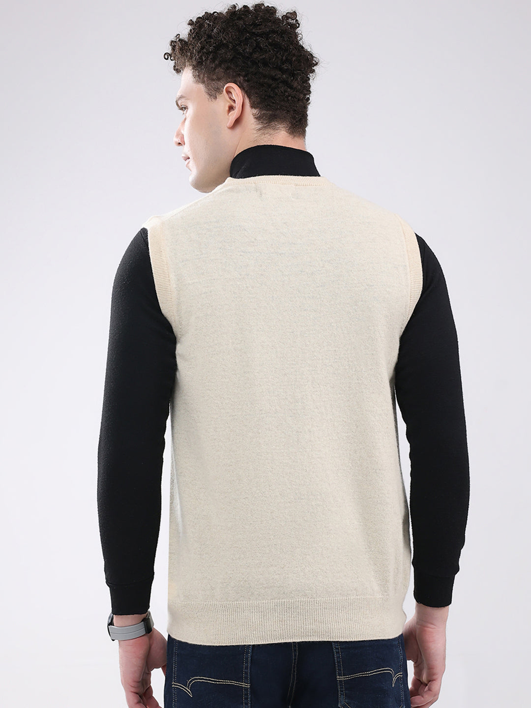 Men Cream Solid V Neck Sleeveless Sweater