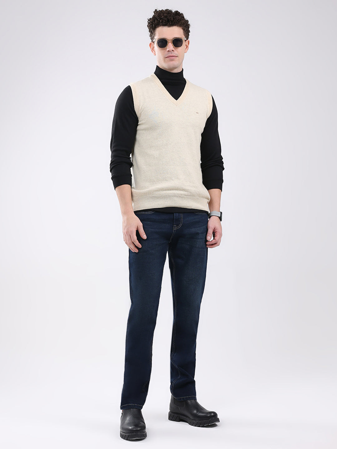 Men Cream Solid V Neck Sleeveless Sweater