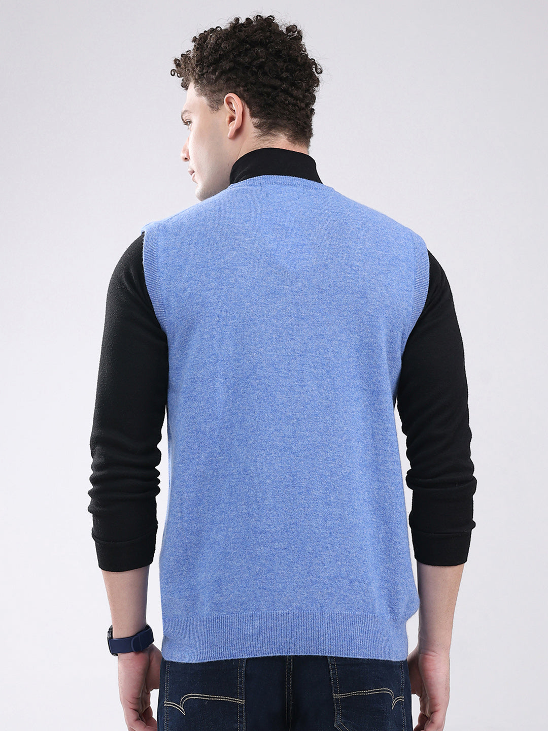 Men Blue Solid V Neck Sleeveless Sweater