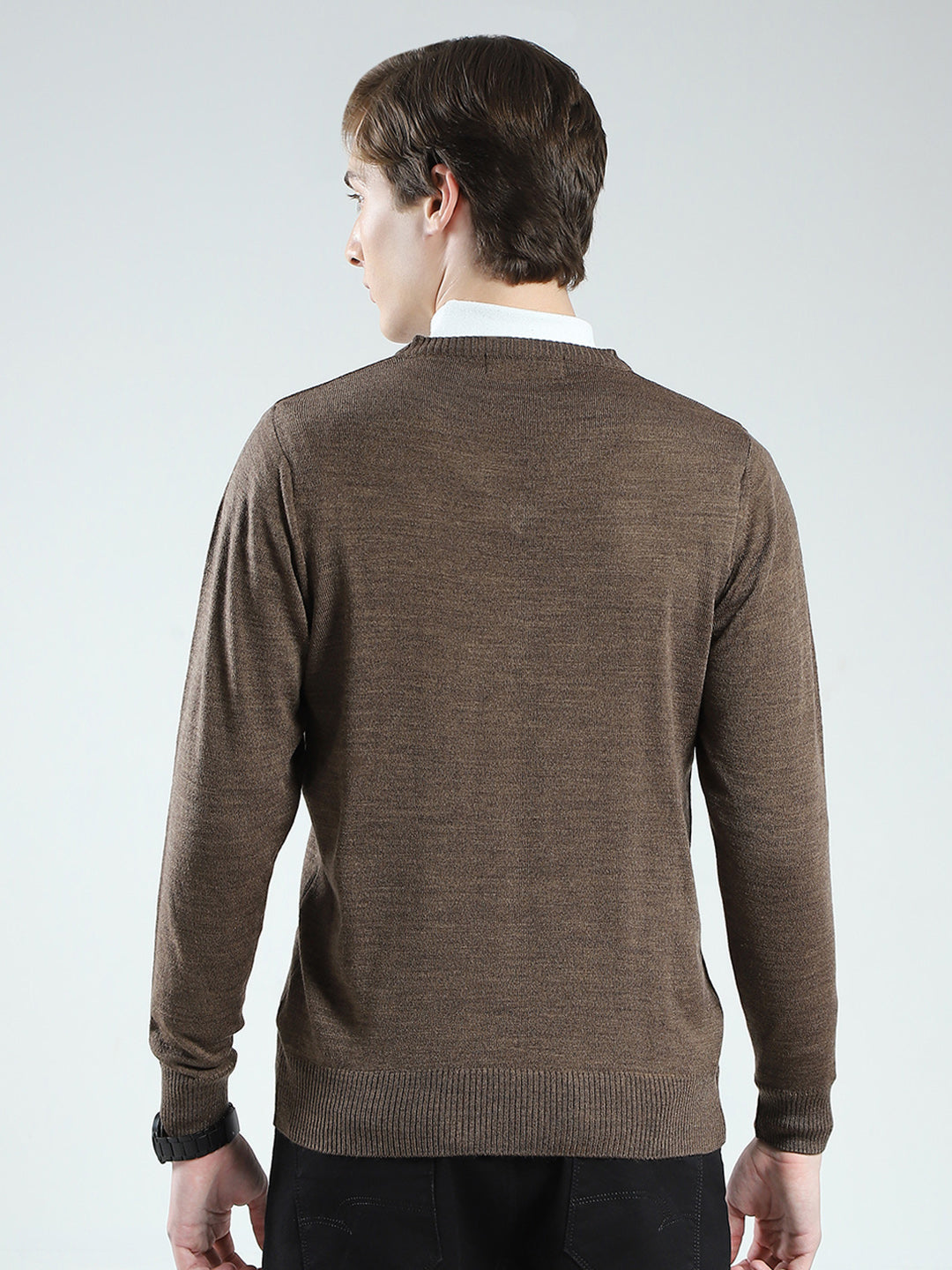 Men Brown Solid V Neck Full Sleeve Pullover
