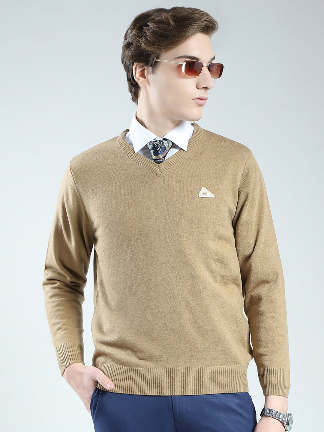 Men Beige Solid V Neck Full Sleeve Pullover