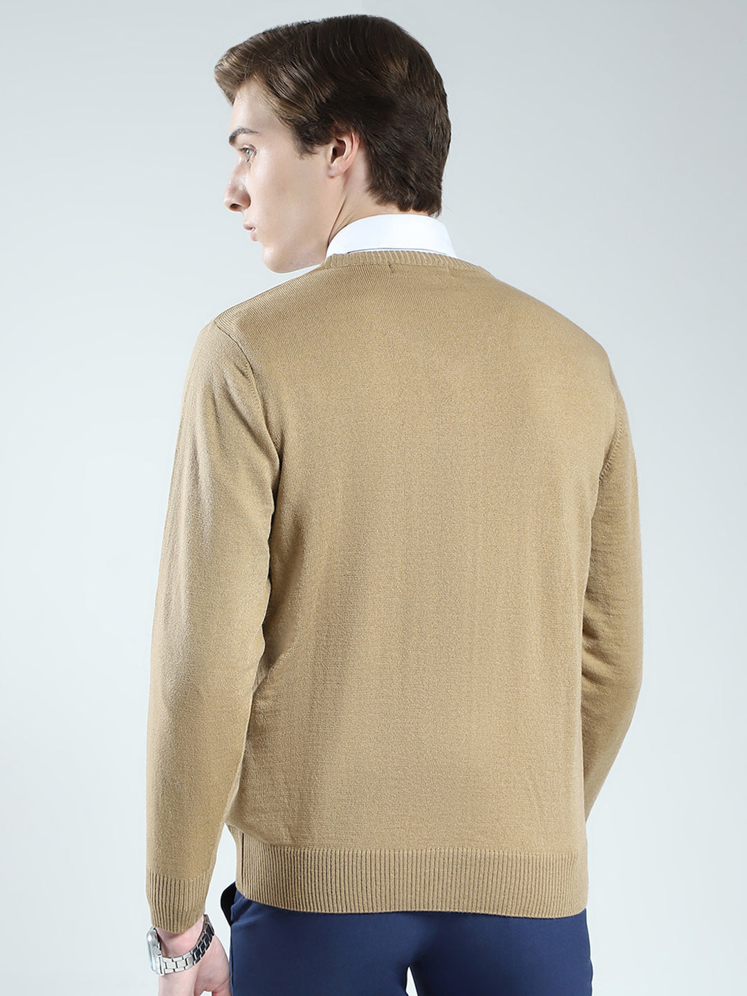 Men Beige Solid V Neck Full Sleeve Pullover