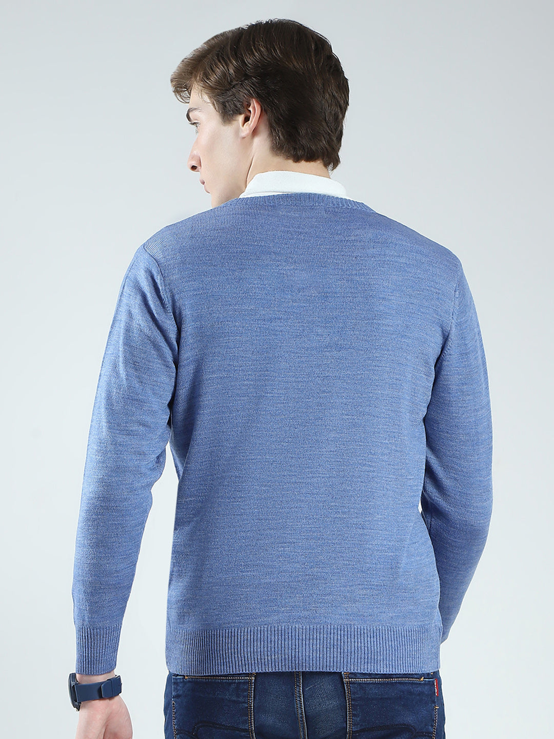 Men Blue Solid V Neck Full Sleeve Pullover