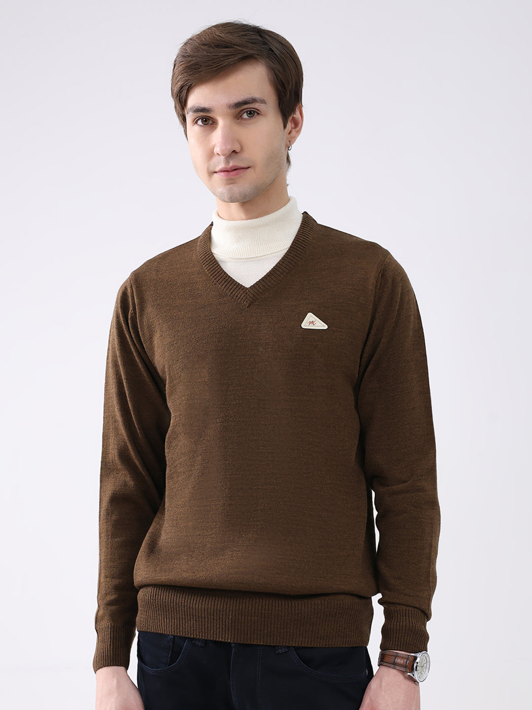 Men Brown Solid V Neck Full Sleeve Pullover