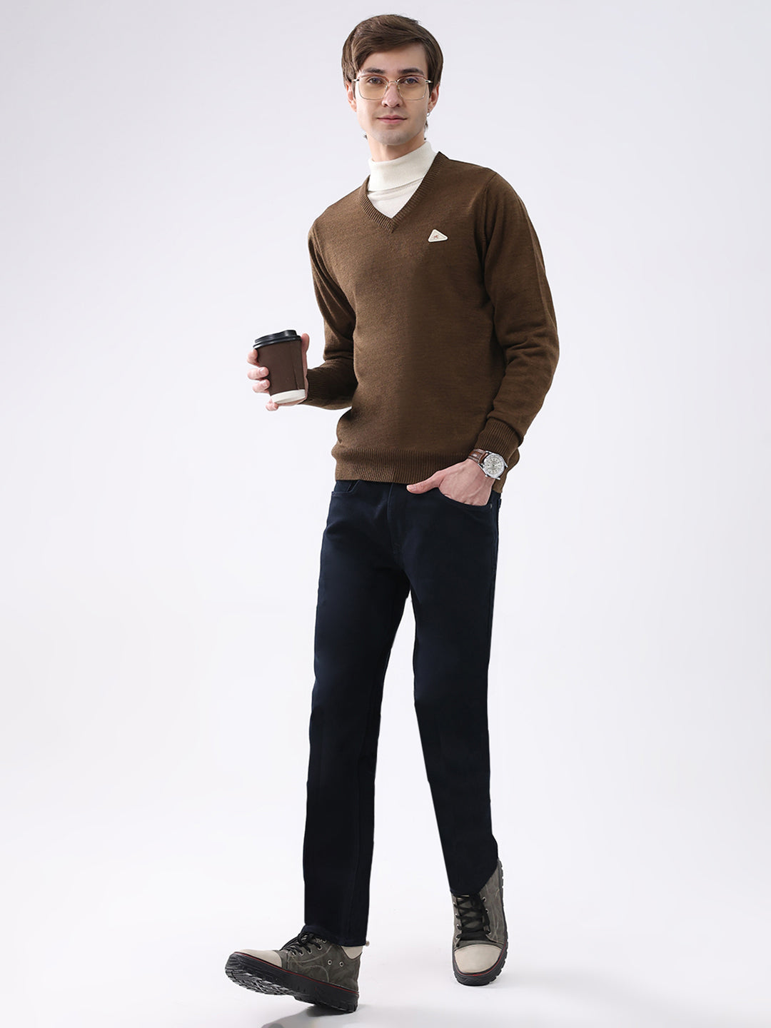 Men Brown Solid V Neck Full Sleeve Pullover
