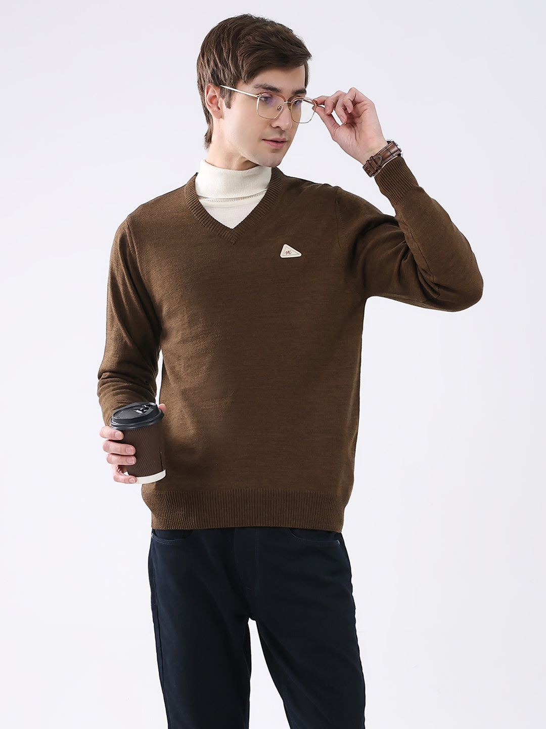 Men Brown Solid V Neck Full Sleeve Pullover
