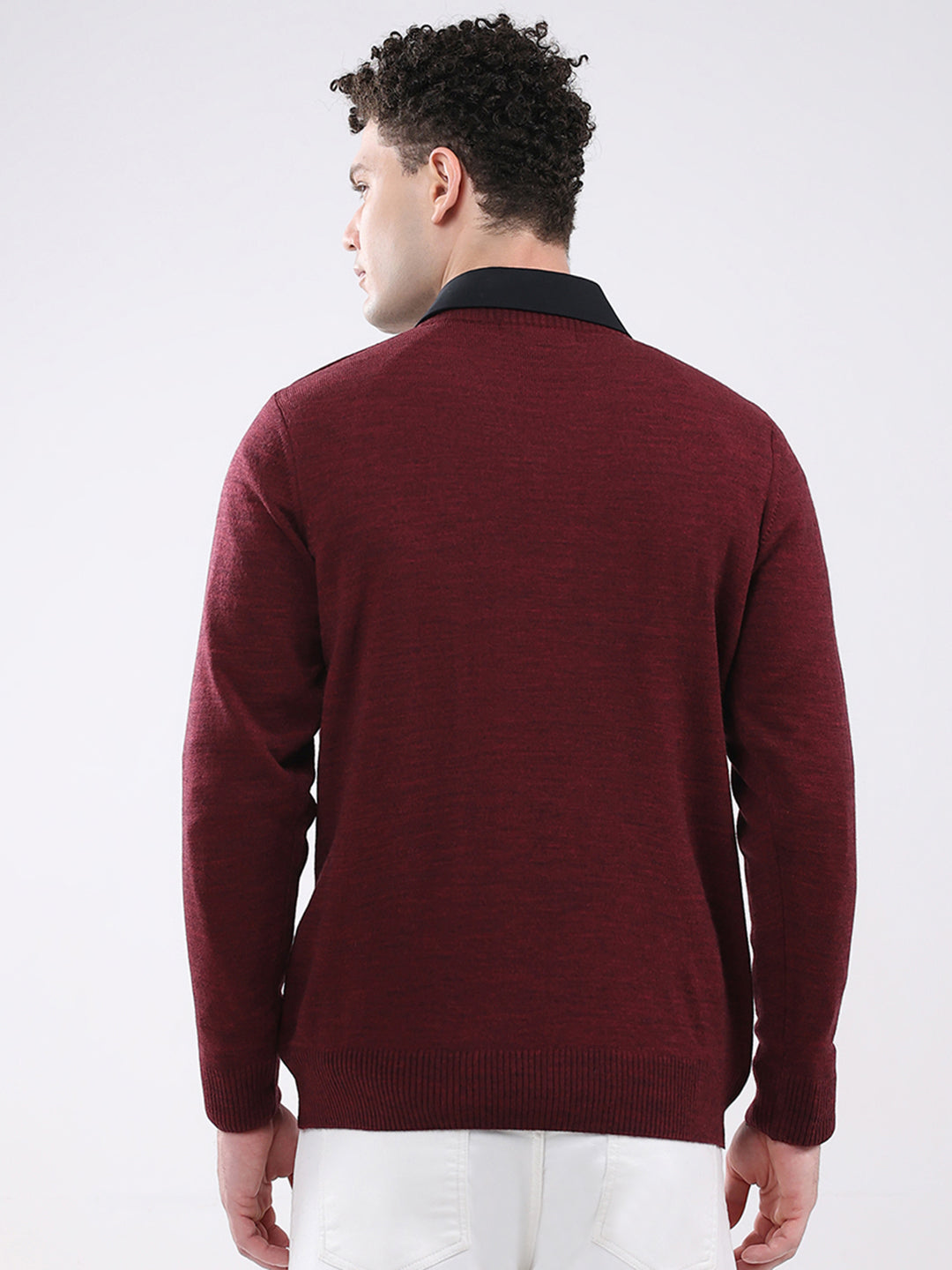Men Maroon Solid V Neck Full Sleeve Pullover