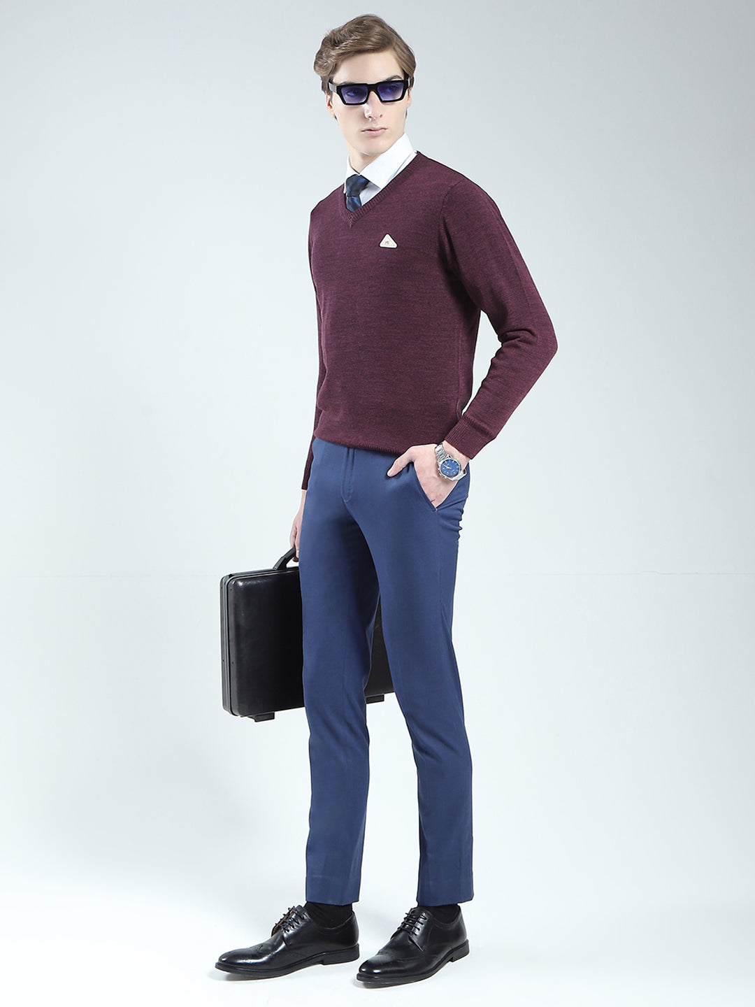 Men Purple Solid V Neck Full Sleeve Pullover