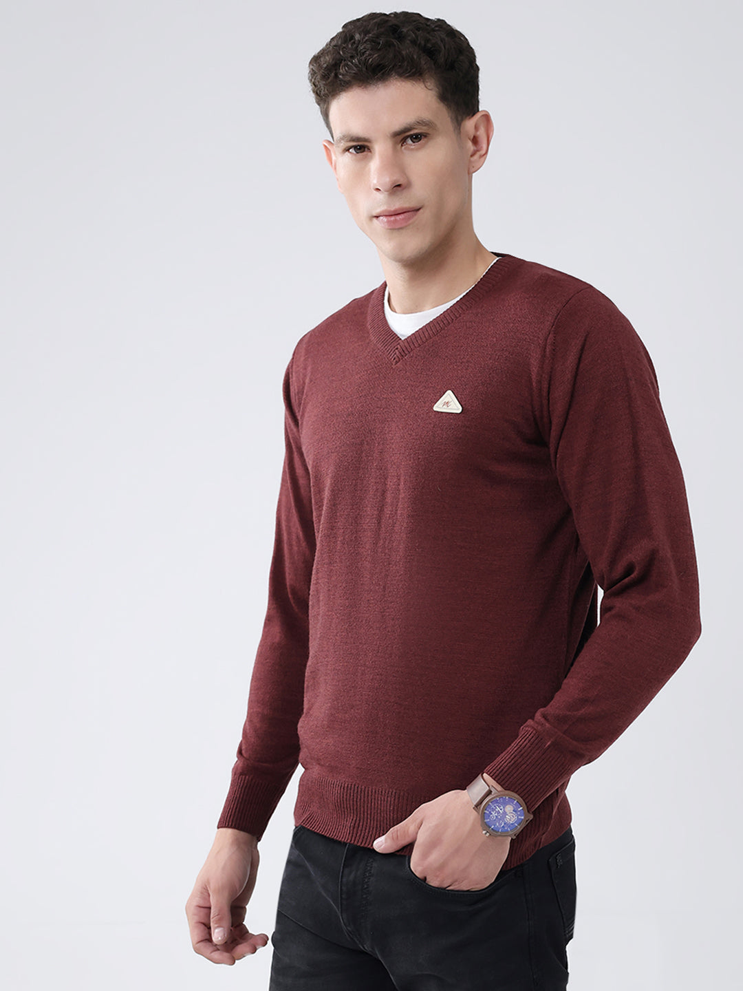 Men Maroon Solid V Neck Full Sleeve Pullover