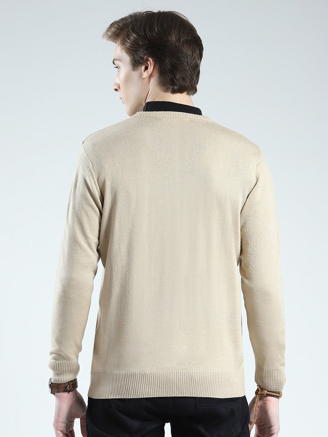 Men Beige Solid V Neck Full Sleeve Pullover