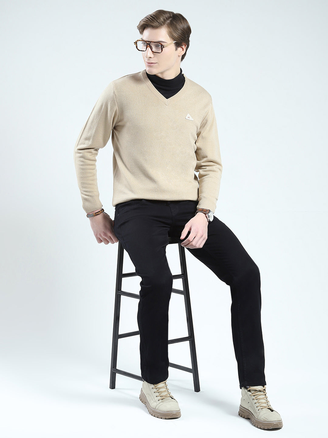 Men Beige Solid V Neck Full Sleeve Pullover