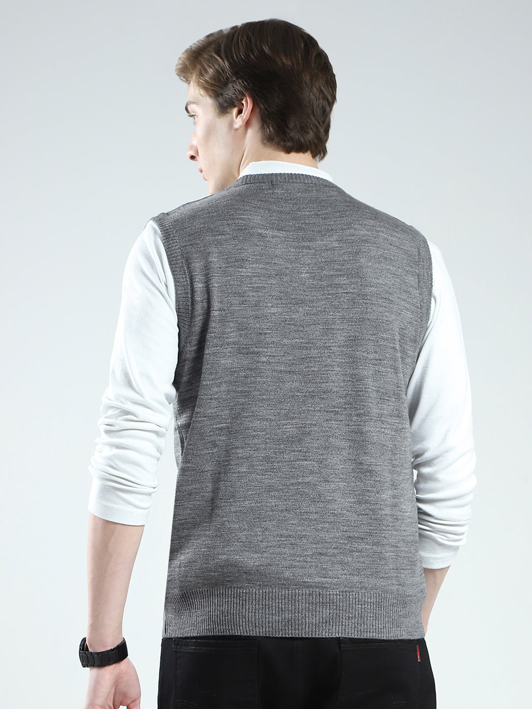 Men Grey Solid V Neck Sleeveless Sweater