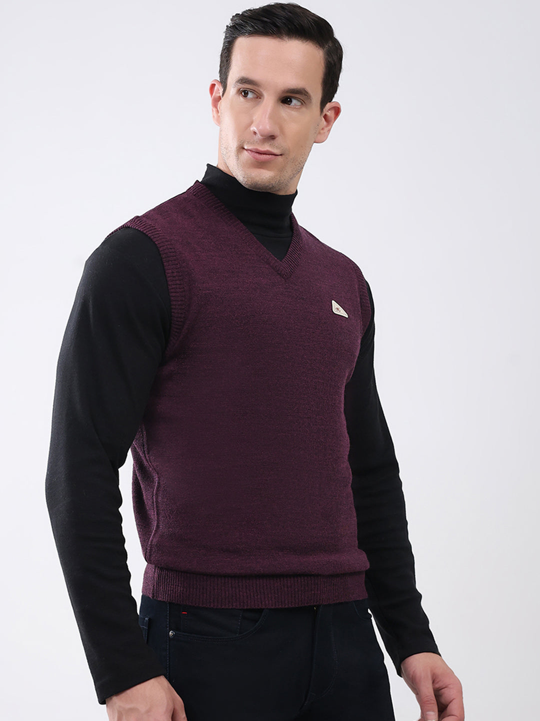 Men Purple Solid V Neck Sleeveless Sweater