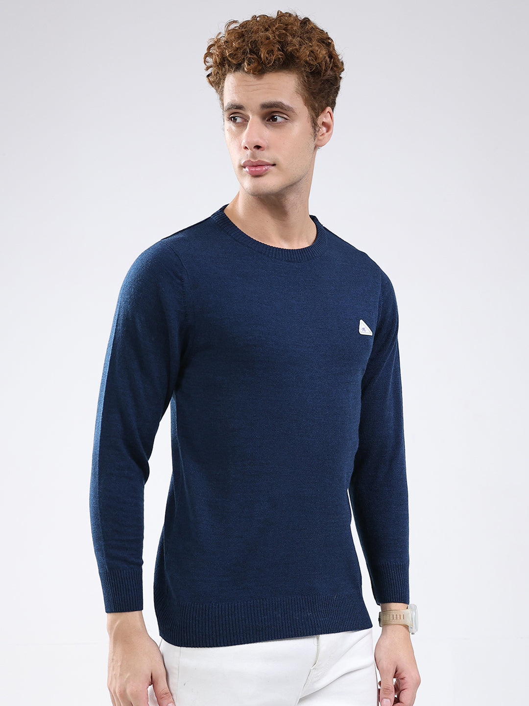 Men Blue Solid Round Neck Full Sleeve Pullover