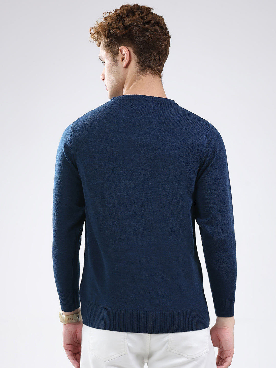 Men Blue Solid Round Neck Full Sleeve Pullover