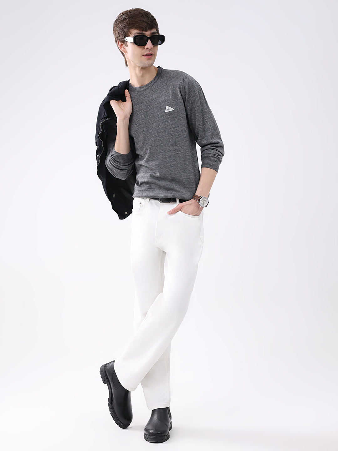 Men Grey Solid Round Neck Full Sleeve Pullover
