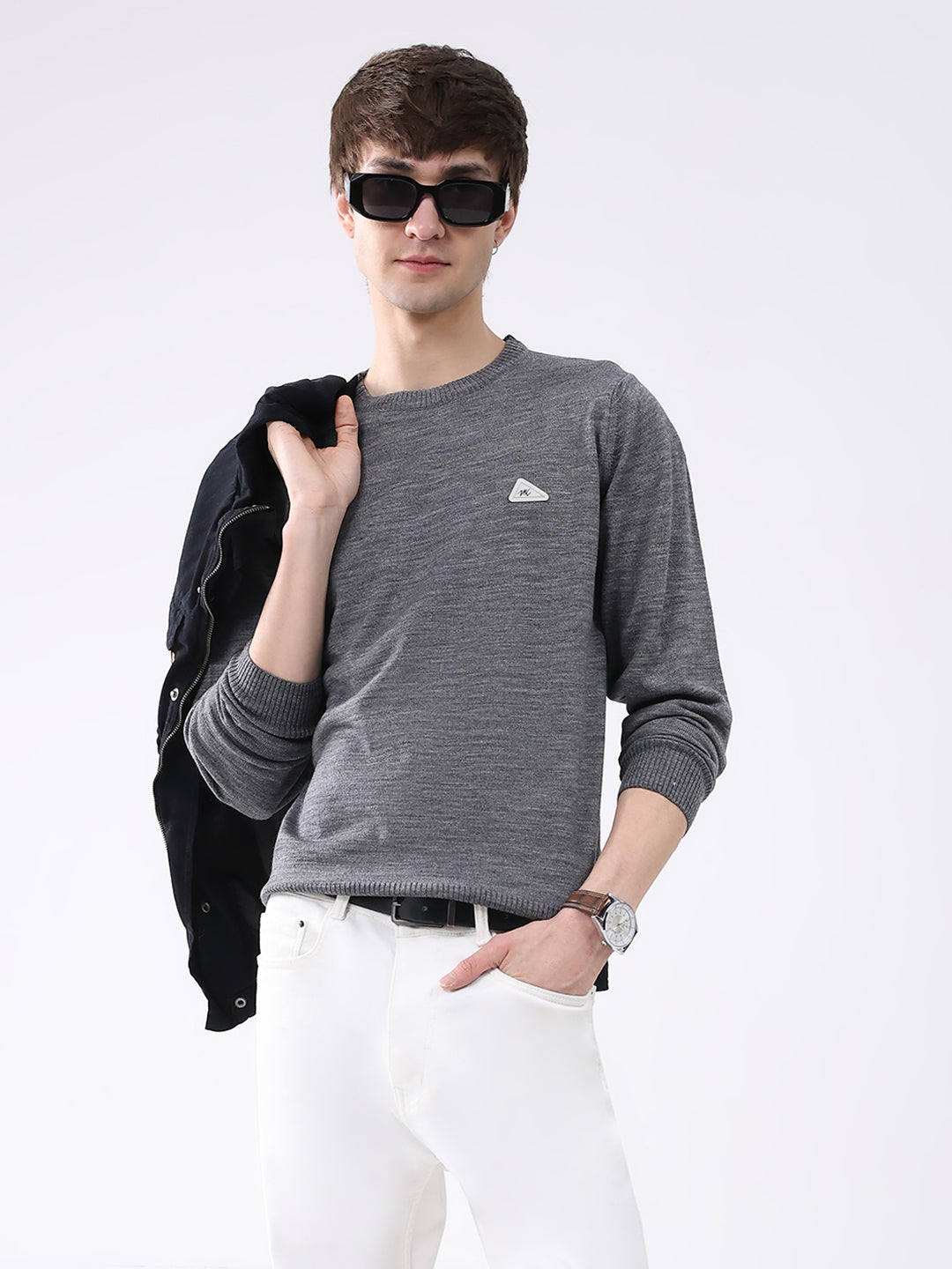 Men Grey Solid Round Neck Full Sleeve Pullover