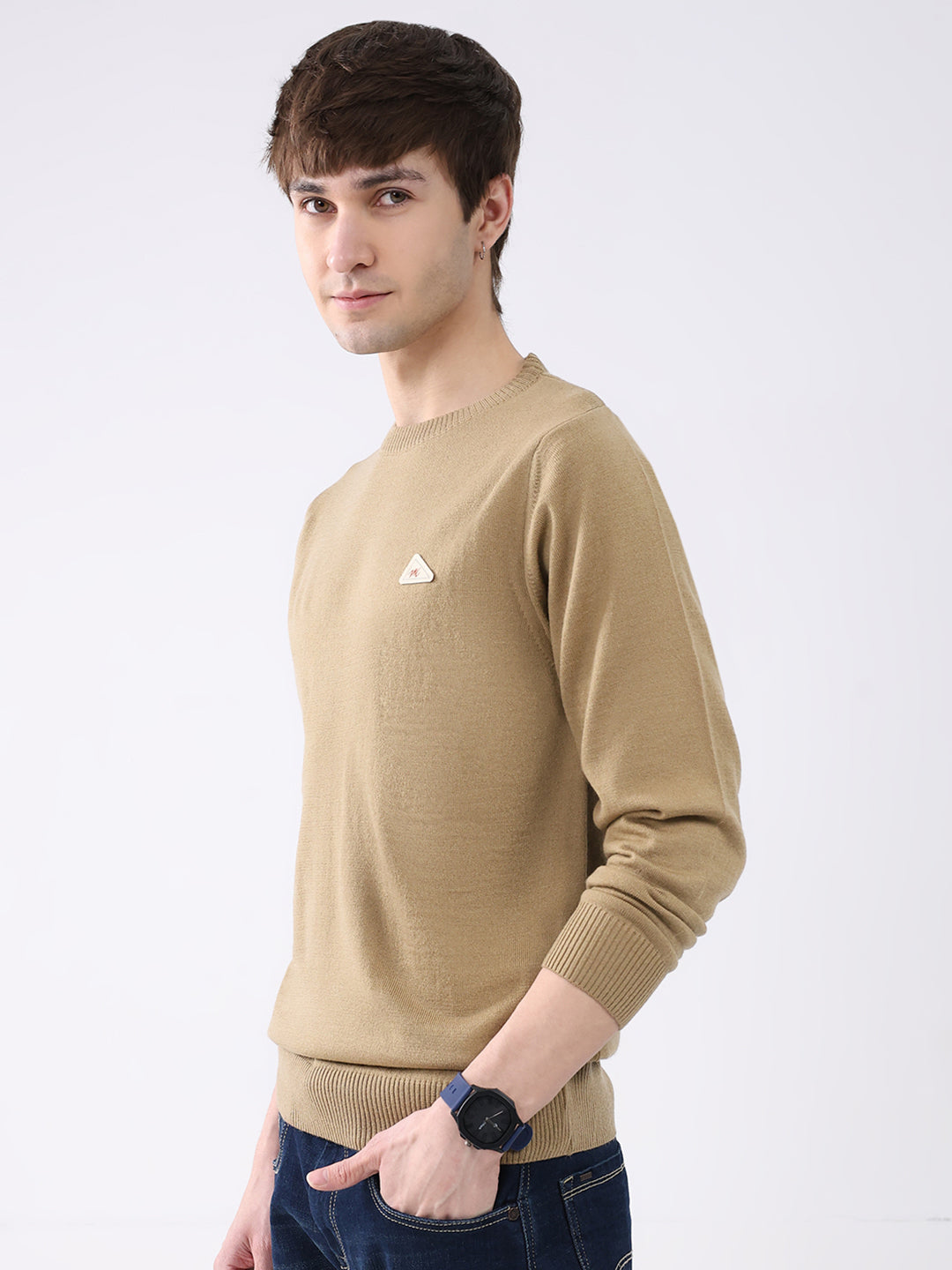 Men Camel Brown Solid Round Neck Full Sleeve Pullover
