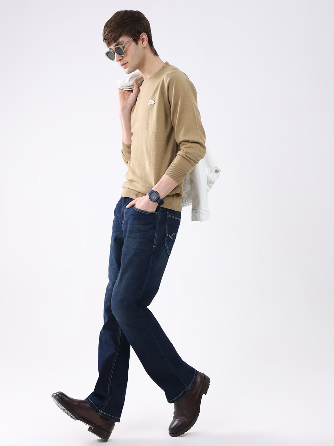 Men Camel Brown Solid Round Neck Full Sleeve Pullover