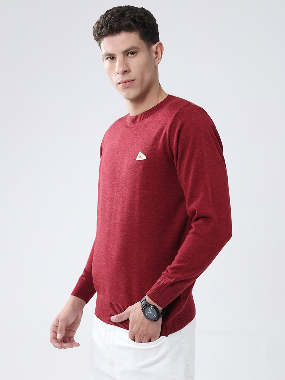 Men Red Solid Round Neck Full Sleeve Pullover