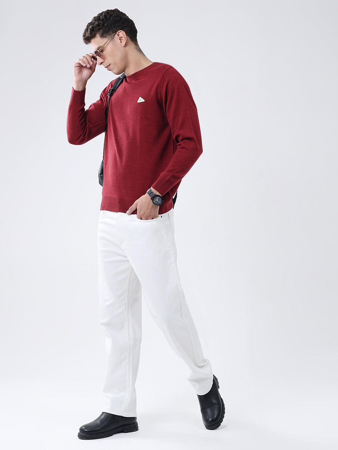 Men Red Solid Round Neck Full Sleeve Pullover