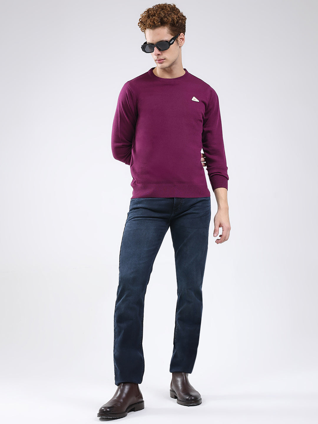 Men Purple Solid Round Neck Full Sleeve Pullover