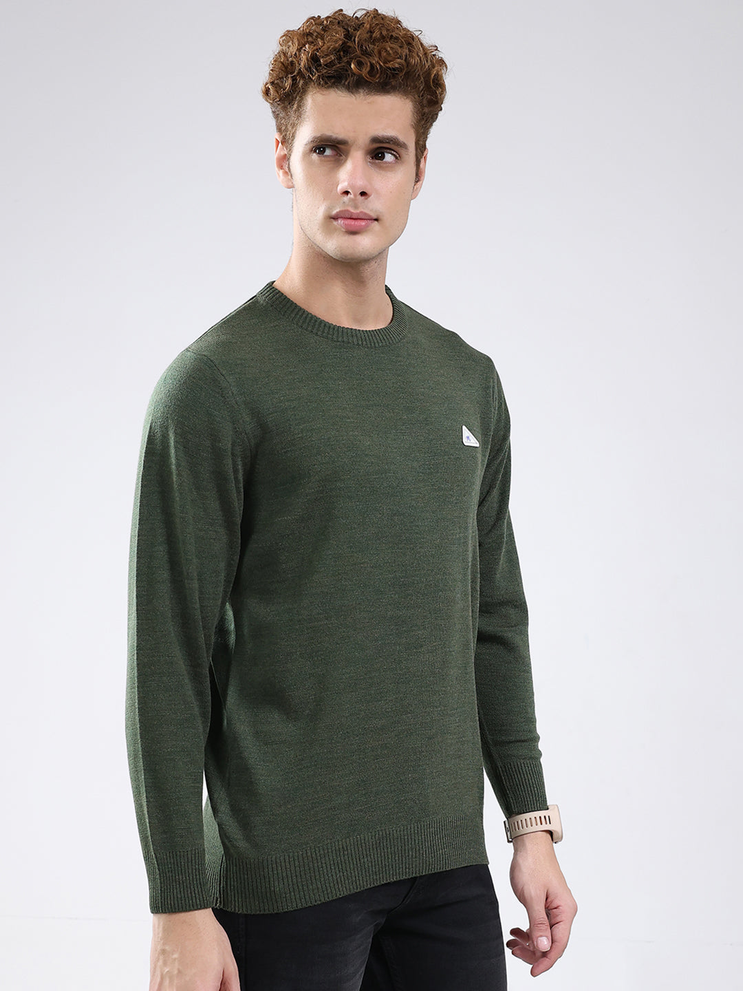 Men Green Solid Round Neck Full Sleeve Pullover