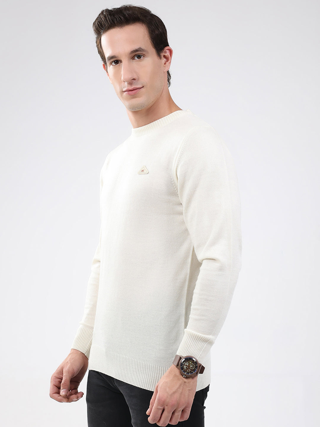 Men Cream Solid Round Neck Full Sleeve Pullover